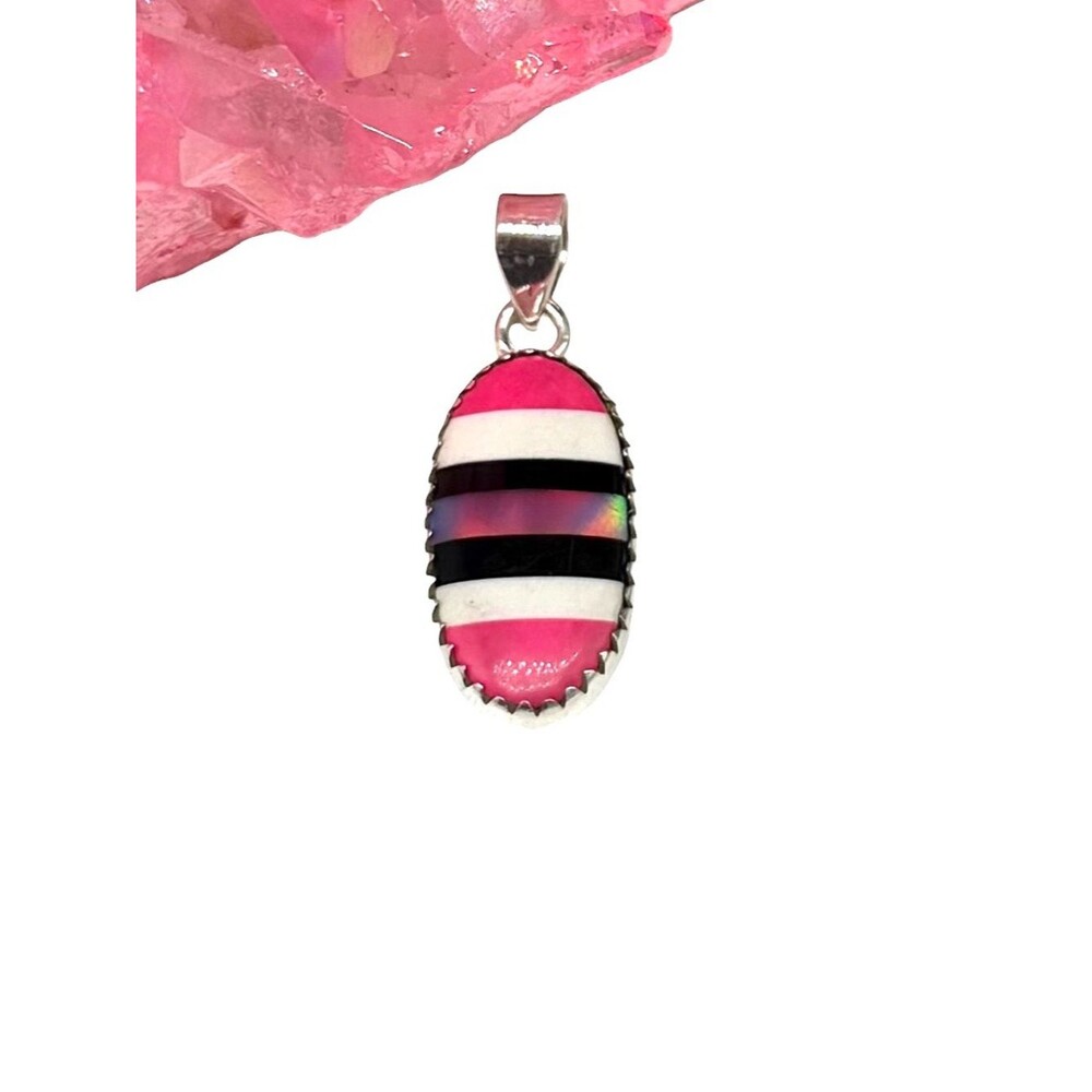 Aurora Fire Opal Black Onyx Pink Striped Necklace Pendant 925 Sterling Silver